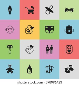 Set Of 16 Editable Baby Icons. Includes Symbols Such As Nursing Bottle, Rattle, Goplet And More. Can Be Used For Web, Mobile, UI And Infographic Design.