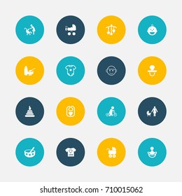 Set Of 16 Editable Baby Icons. Includes Symbols Such As Preambulator, Carriage, Spoon And More. Can Be Used For Web, Mobile, UI And Infographic Design.