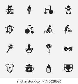 Set Of 16 Editable Baby Icons. Includes Symbols Such As Adorn, Velocipede, Maraca And More. Can Be Used For Web, Mobile, UI And Infographic Design.