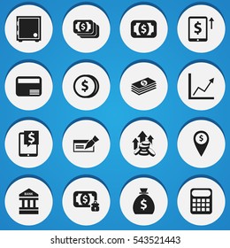 Set Of 16 Editable Banking Icons. Includes Symbols Such As Money Card, Exchange Center, Specie And More. Can Be Used For Web, Mobile, UI And Infographic Design.