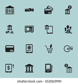 Set Of 16 Editable Banking Icons. Includes Symbols Such As Mobile Banking, Court House, Increase Dollar And More. Can Be Used For Web, Mobile, UI And Infographic Design.
