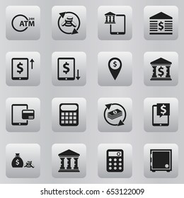 Set Of 16 Editable Banking Icons. Includes Symbols Such As Decrease, Bank Location, Internet Sale And More. Can Be Used For Web, Mobile, UI And Infographic Design.