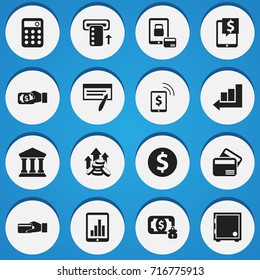 Set Of 16 Editable Banking Icons. Includes Symbols Such As Pay, Money-Guard, Increase And More. Can Be Used For Web, Mobile, UI And Infographic Design.