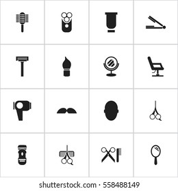 Set Of 16 Editable Barber Icons. Includes Symbols Such As Shaver, Reflector, Cut Tool And More. Can Be Used For Web, Mobile, UI And Infographic Design.
