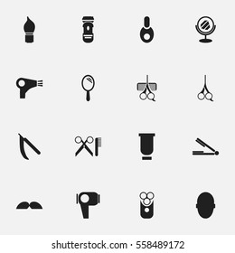 Set Of 16 Editable Barber Icons. Includes Symbols Such As Cutter Apparatus, Scrub, Brains And More. Can Be Used For Web, Mobile, UI And Infographic Design.