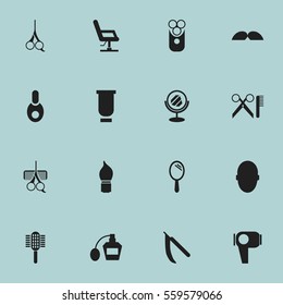 Set Of 16 Editable Barber Icons. Includes Symbols Such As Reflector, Vial, Elbow Chair And More. Can Be Used For Web, Mobile, UI And Infographic Design.