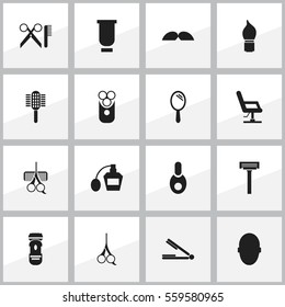 Set Of 16 Editable Barber Icons. Includes Symbols Such As Cutter Apparatus, Reflector, Whiskers And More. Can Be Used For Web, Mobile, UI And Infographic Design.