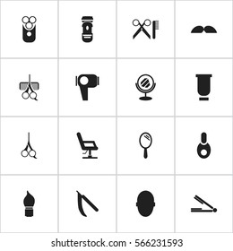 Set Of 16 Editable Barber Icons. Includes Symbols Such As Reflector, Hair Drier, Hairdresser Set And More. Can Be Used For Web, Mobile, UI And Infographic Design.