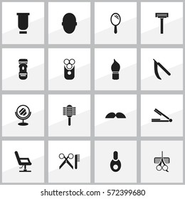 Set Of 16 Editable Barber Icons. Includes Symbols Such As Reflector, Hairdresser Set, Take The Hair Dryer And More. Can Be Used For Web, Mobile, UI And Infographic Design.