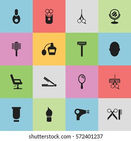 Set Of 16 Editable Barber Icons. Includes Symbols Such As Container, Cutter Apparatus, Hairdresser Set And More. Can Be Used For Web, Mobile, UI And Infographic Design.