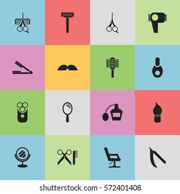 Set Of 16 Editable Barber Icons. Includes Symbols Such As Peeper, Shaver, Reflector And More. Can Be Used For Web, Mobile, UI And Infographic Design.