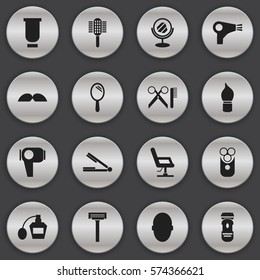 Set Of 16 Editable Barber Icons. Includes Symbols Such As Hair Drier, Elbow Chair, Brains And More. Can Be Used For Web, Mobile, UI And Infographic Design.