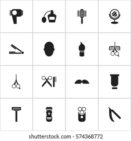 Set Of 16 Editable Barber Icons. Includes Symbols Such As Barber Tools, Whiskers, Shaver And More. Can Be Used For Web, Mobile, UI And Infographic Design.
