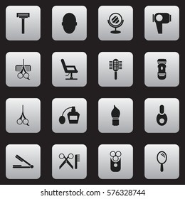 Set Of 16 Editable Barber Icons. Includes Symbols Such As Cutter Apparatus, Vial, Brains And More. Can Be Used For Web, Mobile, UI And Infographic Design.