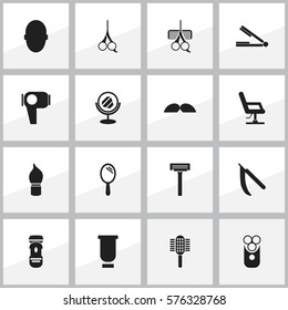 Set Of 16 Editable Barber Icons. Includes Symbols Such As Brains, Hair Drier, Peeper And More. Can Be Used For Web, Mobile, UI And Infographic Design.