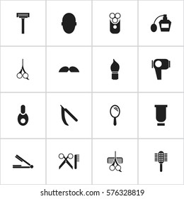 Set Of 16 Editable Barber Icons. Includes Symbols Such As Whiskers, Cutter Apparatus, Brains And More. Can Be Used For Web, Mobile, UI And Infographic Design.