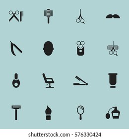 Set Of 16 Editable Barber Icons. Includes Symbols Such As Reflector, Scent, Whiskers And More. Can Be Used For Web, Mobile, UI And Infographic Design.