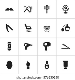Set Of 16 Editable Barber Icons. Includes Symbols Such As Whiskers, Peeper, Vial And More. Can Be Used For Web, Mobile, UI And Infographic Design.