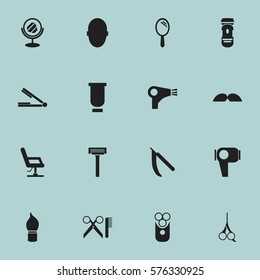 Set Of 16 Editable Barber Icons. Includes Symbols Such As Whiskers, Hair Drier, Shaving And More. Can Be Used For Web, Mobile, UI And Infographic Design.