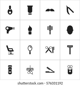 Set Of 16 Editable Barber Icons. Includes Symbols Such As Cutter Apparatus, Vial, Container And More. Can Be Used For Web, Mobile, UI And Infographic Design.