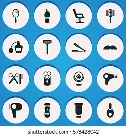Set Of 16 Editable Barber Icons. Includes Symbols Such As Scent, Take The Hair Dryer, Container And More. Can Be Used For Web, Mobile, UI And Infographic Design.