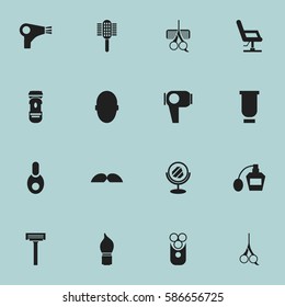Set Of 16 Editable Barber Icons. Includes Symbols Such As Shaver, Scent, Cutter Apparatus And More. Can Be Used For Web, Mobile, UI And Infographic Design.