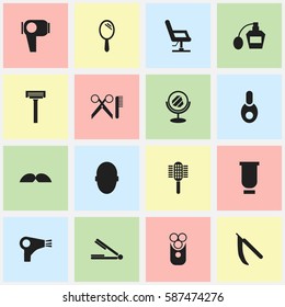 Set Of 16 Editable Barber Icons. Includes Symbols Such As Blade, Container, Shaver And More. Can Be Used For Web, Mobile, UI And Infographic Design.