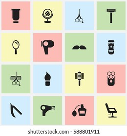 Set Of 16 Editable Barber Icons. Includes Symbols Such As Elbow Chair, Hairdresser Set, Cutter Apparatus And More. Can Be Used For Web, Mobile, UI And Infographic Design.