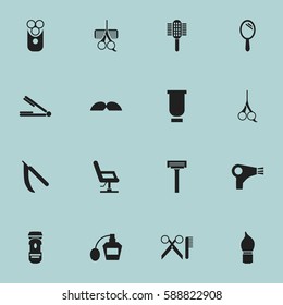 Set Of 16 Editable Barber Icons. Includes Symbols Such As Charger, Elbow Chair, Hairdresser Set And More. Can Be Used For Web, Mobile, UI And Infographic Design.