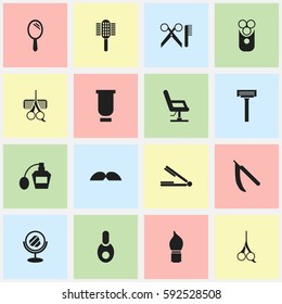 Set Of 16 Editable Barber Icons. Includes Symbols Such As Hairdresser Set, Peeper, Charger And More. Can Be Used For Web, Mobile, UI And Infographic Design.