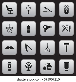Set Of 16 Editable Barber Icons. Includes Symbols Such As Desiccator, Cut Tool, Elbow Chair And More. Can Be Used For Web, Mobile, UI And Infographic Design.