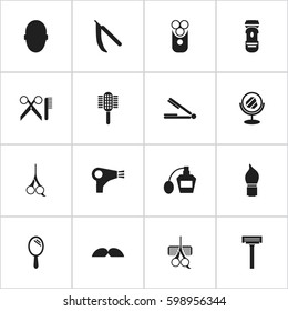 Set Of 16 Editable Barber Icons. Includes Symbols Such As Peeper, Shaving, Cutter Apparatus And More. Can Be Used For Web, Mobile, UI And Infographic Design.