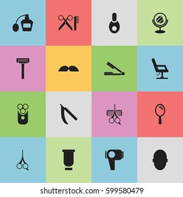 Set Of 16 Editable Barber Icons. Includes Symbols Such As Vial, Peeper, Barber Tools And More. Can Be Used For Web, Mobile, UI And Infographic Design.