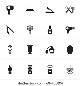 Set Of 16 Editable Barber Icons. Includes Symbols Such As Hair Drier, Scent, Charger And More. Can Be Used For Web, Mobile, UI And Infographic Design.