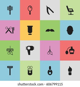 Set Of 16 Editable Barber Icons. Includes Symbols Such As Whiskers, Vial, Blade And More. Can Be Used For Web, Mobile, UI And Infographic Design.