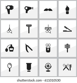 Set Of 16 Editable Barber Icons. Includes Symbols Such As Blade, Barber Tools, Hairdresser Set And More. Can Be Used For Web, Mobile, UI And Infographic Design.