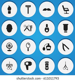 Set Of 16 Editable Barber Icons. Includes Symbols Such As Reflector, Whiskers, Elbow Chair And More. Can Be Used For Web, Mobile, UI And Infographic Design.