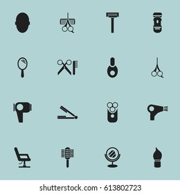 Set Of 16 Editable Barber Icons. Includes Symbols Such As Elbow Chair, Shaving, Cut Tool And More. Can Be Used For Web, Mobile, UI And Infographic Design.