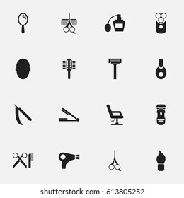 Set Of 16 Editable Barber Icons. Includes Symbols Such As Barber Tools, Charger, Vial And More. Can Be Used For Web, Mobile, UI And Infographic Design.