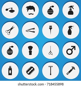 Set Of 16 Editable Barber Icons. Includes Symbols Such As Smell, Shaver Instrument, Spreader And More. Can Be Used For Web, Mobile, UI And Infographic Design.