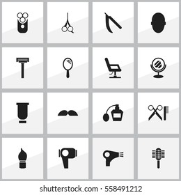 Set Of 16 Editable Barbershop Icons. Includes Symbols Such As Cutter Apparatus, Cut Tool, Brains And More. Can Be Used For Web, Mobile, UI And Infographic Design.