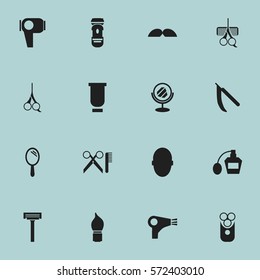 Set Of 16 Editable Barbershop Icons. Includes Symbols Such As Scrub, Cutter Apparatus, Hairdresser Set And More. Can Be Used For Web, Mobile, UI And Infographic Design.