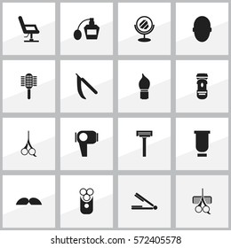 Set Of 16 Editable Barbershop Icons. Includes Symbols Such As Blade, Cutter Apparatus, Whiskers And More. Can Be Used For Web, Mobile, UI And Infographic Design.