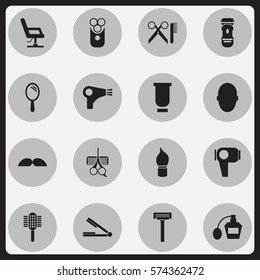 Set Of 16 Editable Barbershop Icons. Includes Symbols Such As Reflector, Whiskers, Charger And More. Can Be Used For Web, Mobile, UI And Infographic Design.