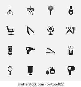 Set Of 16 Editable Barbershop Icons. Includes Symbols Such As Hair Drier, Blade, Take The Hair Dryer And More. Can Be Used For Web, Mobile, UI And Infographic Design.