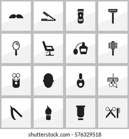 Set Of 16 Editable Barbershop Icons. Includes Symbols Such As Scrub, Whiskers, Reflector And More. Can Be Used For Web, Mobile, UI And Infographic Design.