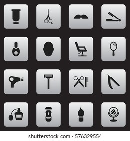 Set Of 16 Editable Barbershop Icons. Includes Symbols Such As Elbow Chair, Barber Tools, Desiccator And More. Can Be Used For Web, Mobile, UI And Infographic Design.