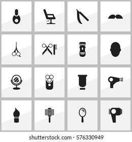 Set Of 16 Editable Barbershop Icons. Includes Symbols Such As Vial, Charger, Whiskers And More. Can Be Used For Web, Mobile, UI And Infographic Design.