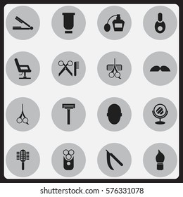 Set Of 16 Editable Barbershop Icons. Includes Symbols Such As Elbow Chair, Blade, Vial And More. Can Be Used For Web, Mobile, UI And Infographic Design.