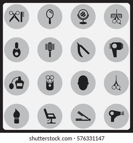 Set Of 16 Editable Barbershop Icons. Includes Symbols Such As Elbow Chair, Take The Hair Dryer, Blade And More. Can Be Used For Web, Mobile, UI And Infographic Design.
